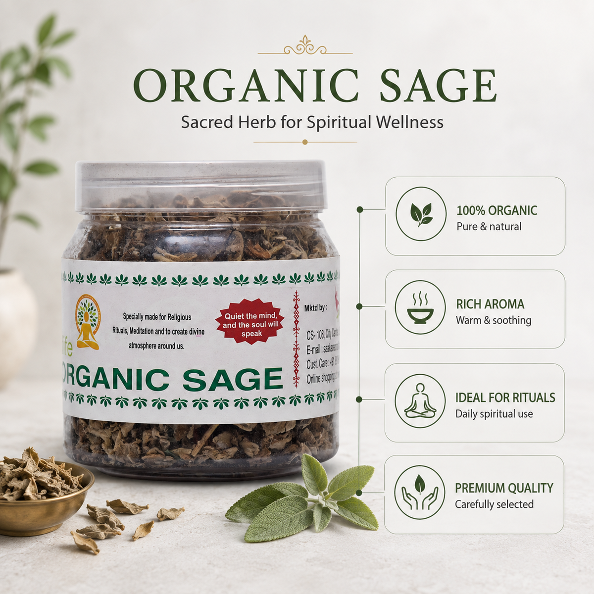 Organic Sage for Puja - 100% Natural &amp; Pure Herb for Cleansing