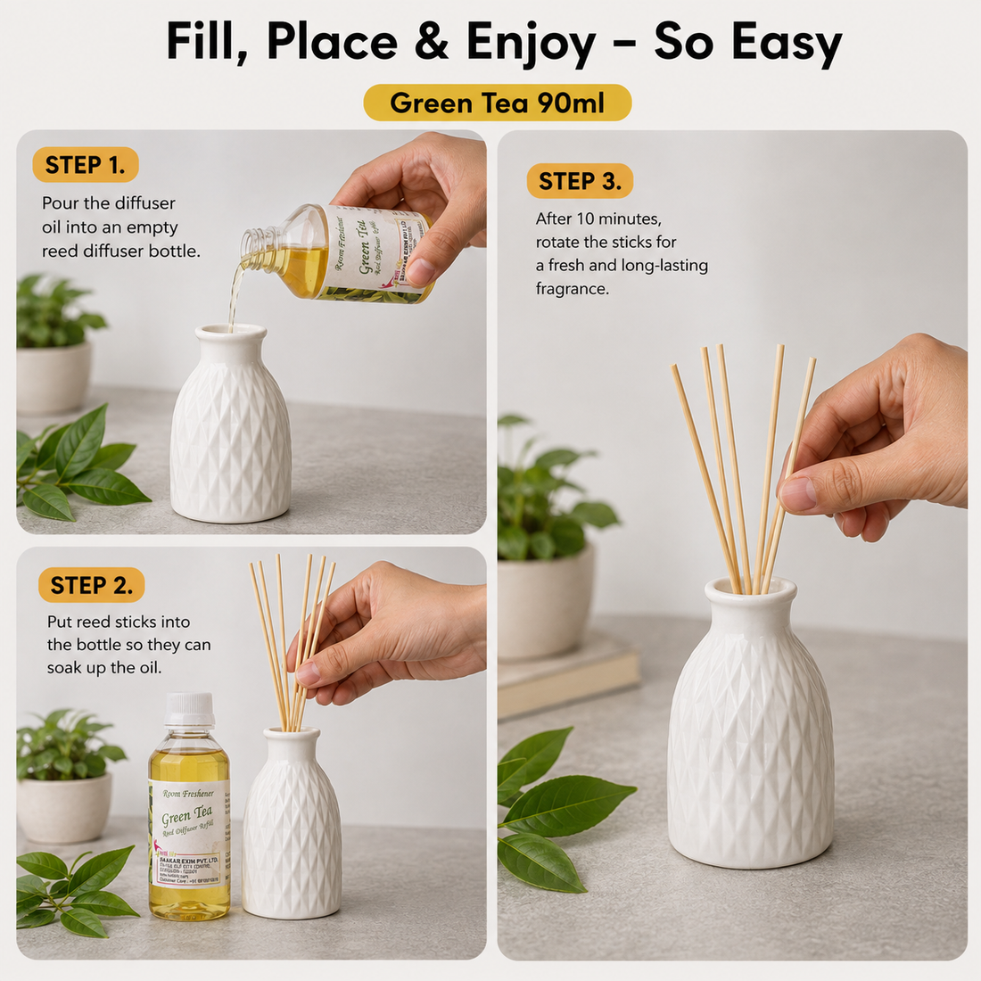 Green Tea 90ML Reed Diffuser oil Refill - Long-Lasting Room Fragrance