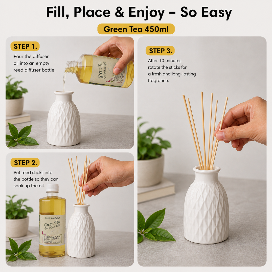 Green Tea 450ML Reed Diffuser oil Refill -  Long-Lasting Room Fragrance