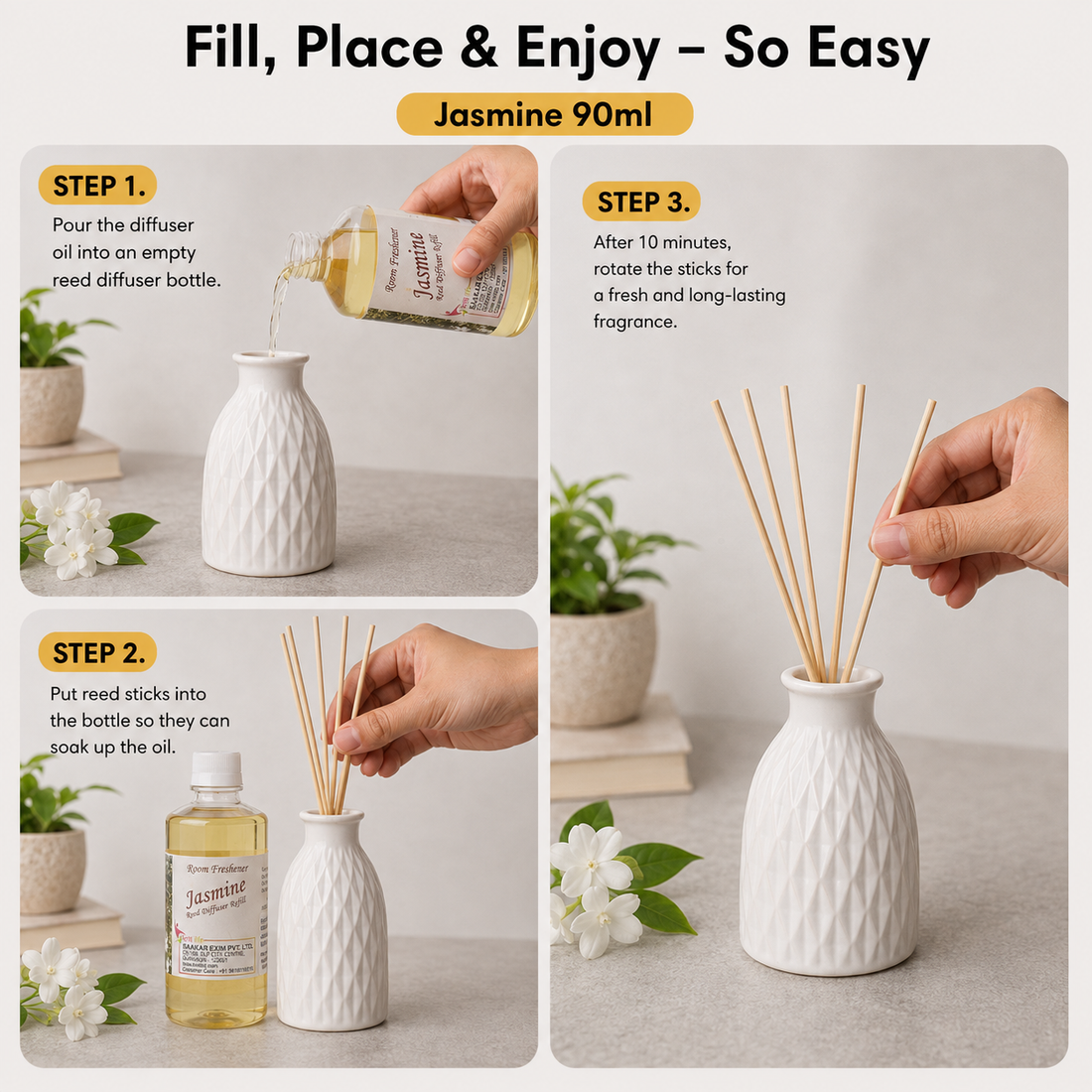 Jasmine 90ML Reed Diffuser oil Refill -  Long-Lasting Room Fragrance