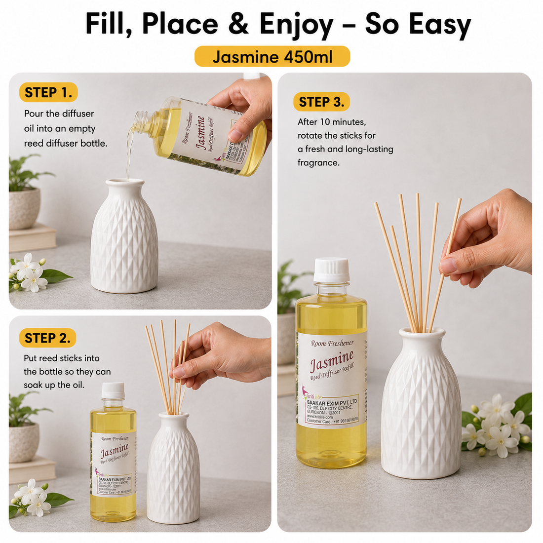 Jasmine 450ML Reed Diffuser oil Refill -  Long-Lasting Room Fragrance