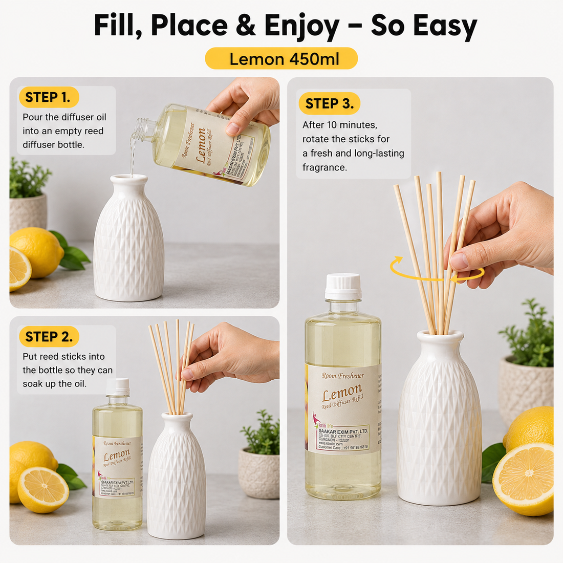 Lemon 450ML Reed Diffuser oil Refill -  Long-Lasting Room Fragrance