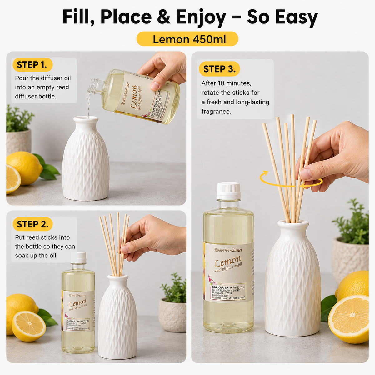 Lemon 450ML Reed Diffuser oil Refill -  Long-Lasting Room Fragrance