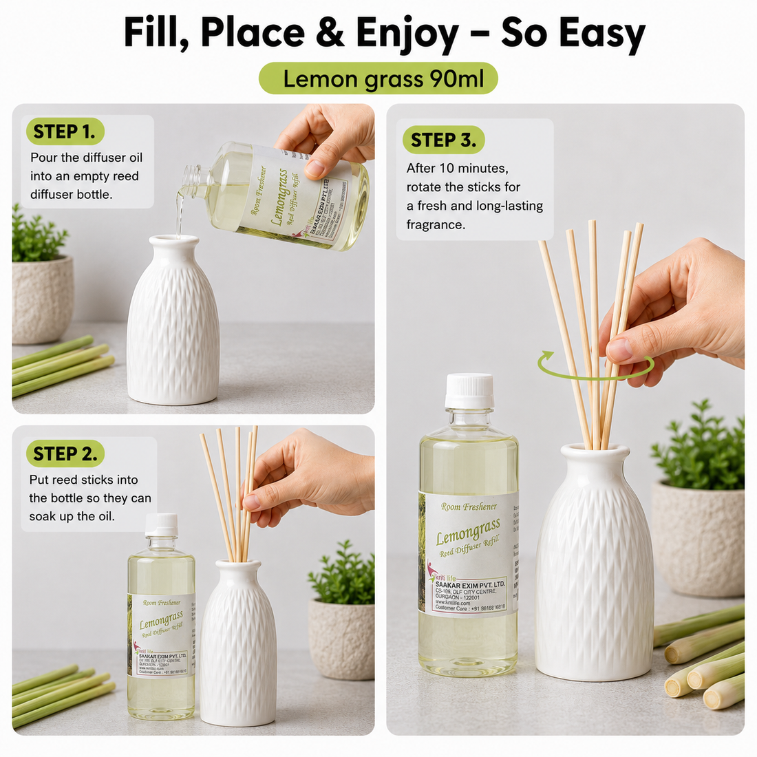 Lemon Grass 90ML Reed Diffuser oil Refill -  Long-Lasting Room Fragrance