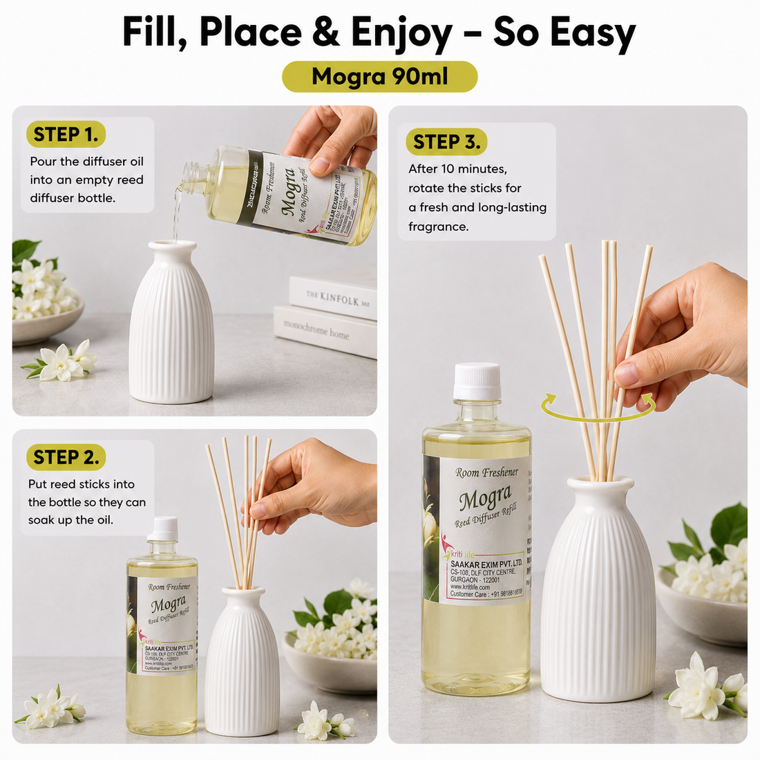 Mogra 90ML Reed Diffuser oil Refill -  Long-Lasting Room Fragrance