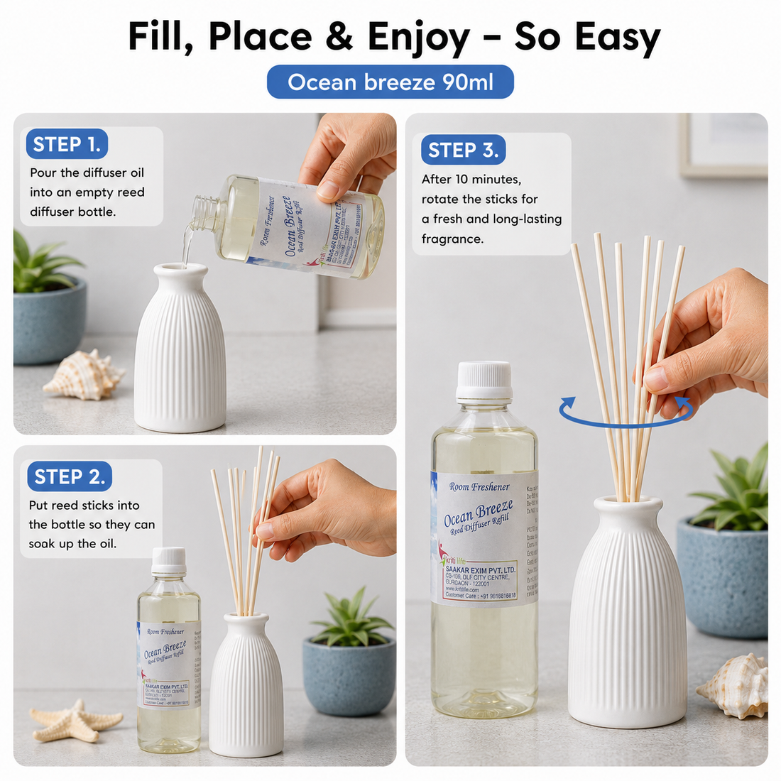 Ocean Breeze 90ML Reed Diffuser oil Refill - Long-Lasting Room Fragrance