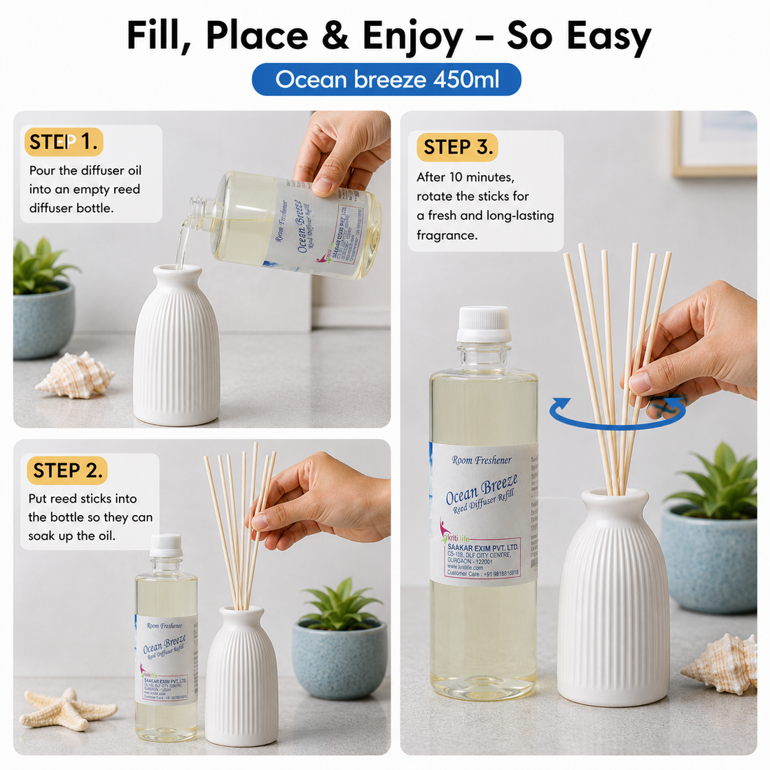 Ocean Breeze 450ML Reed Diffuser oil Refill -  Long-Lasting Room Fragrance