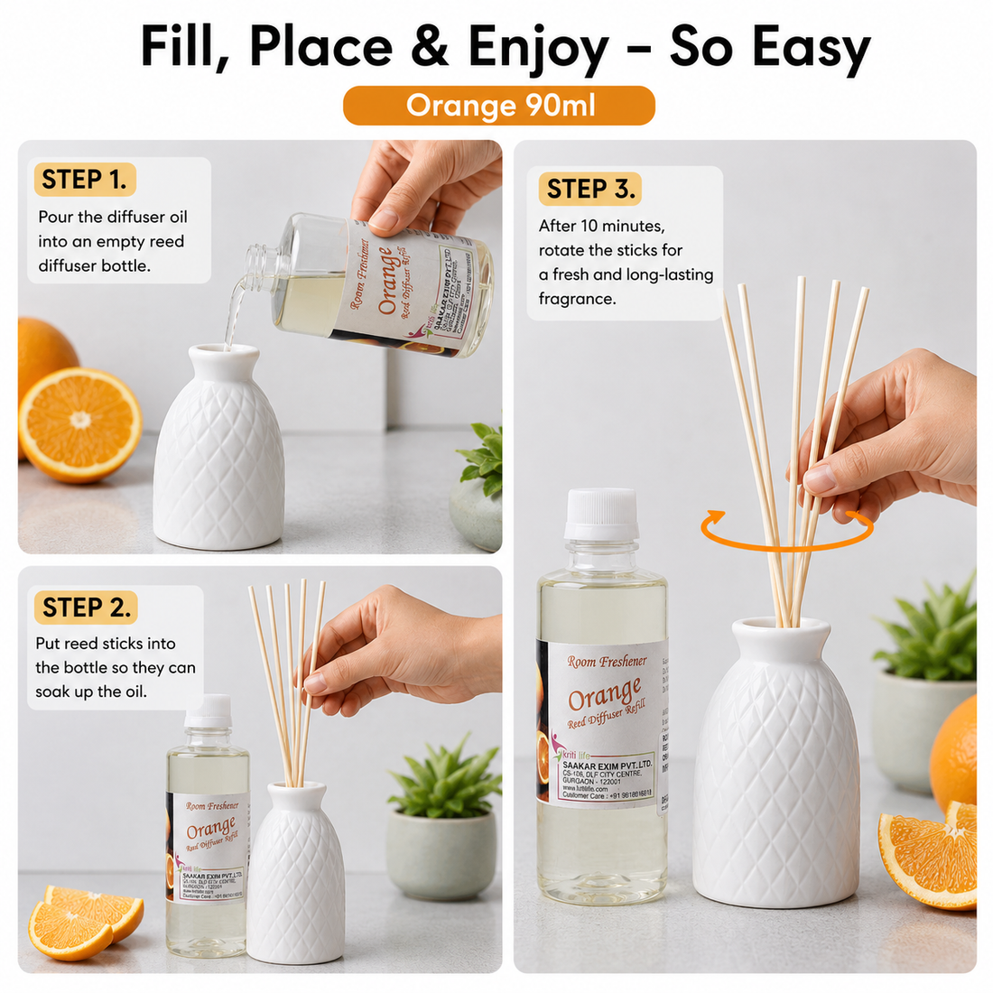 Orange 90ML Reed Diffuser oil Refill - Long-Lasting Room Fragrance