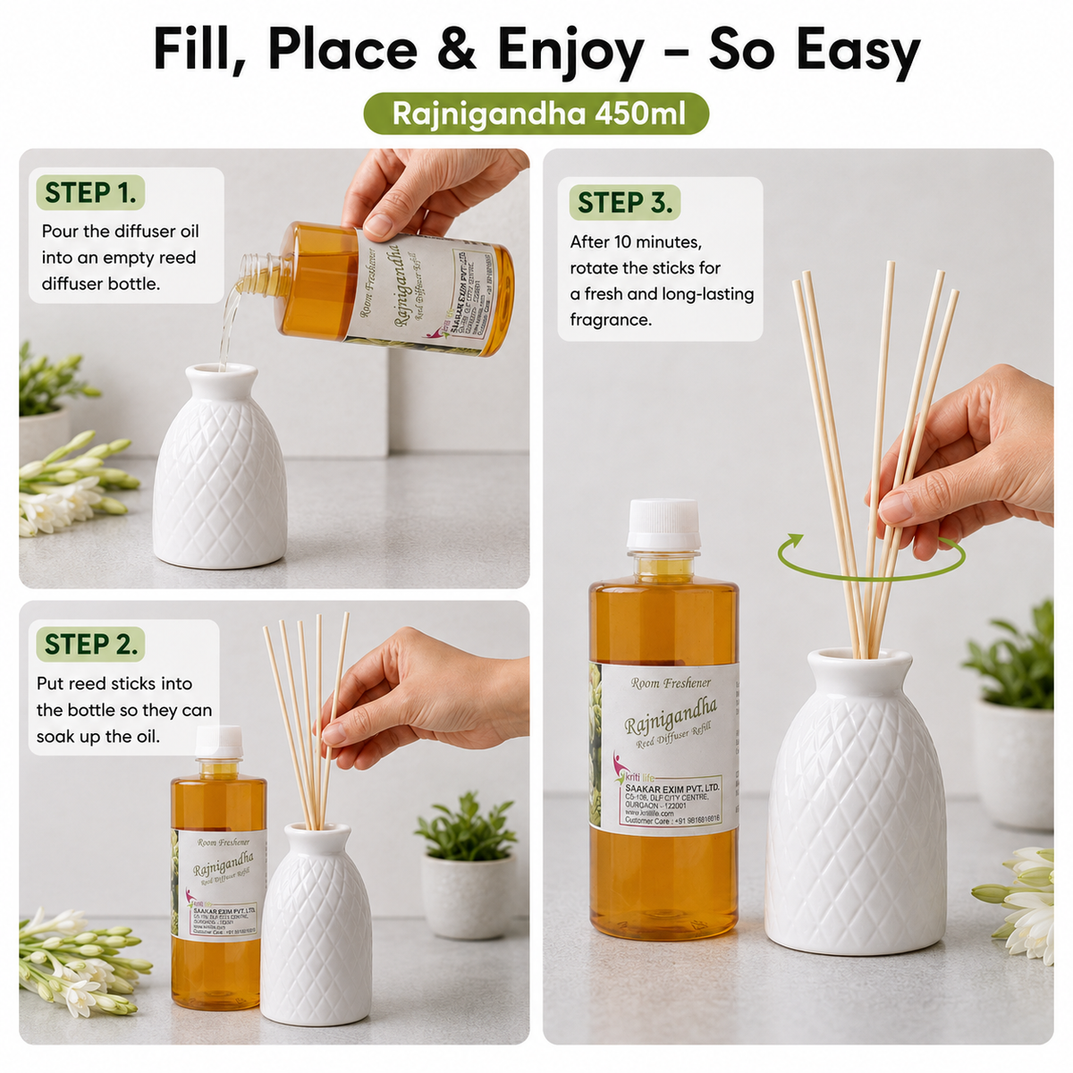 Rajni Gandha 450ML Reed Diffuser oil Refill -  Long-Lasting Room Fragrance