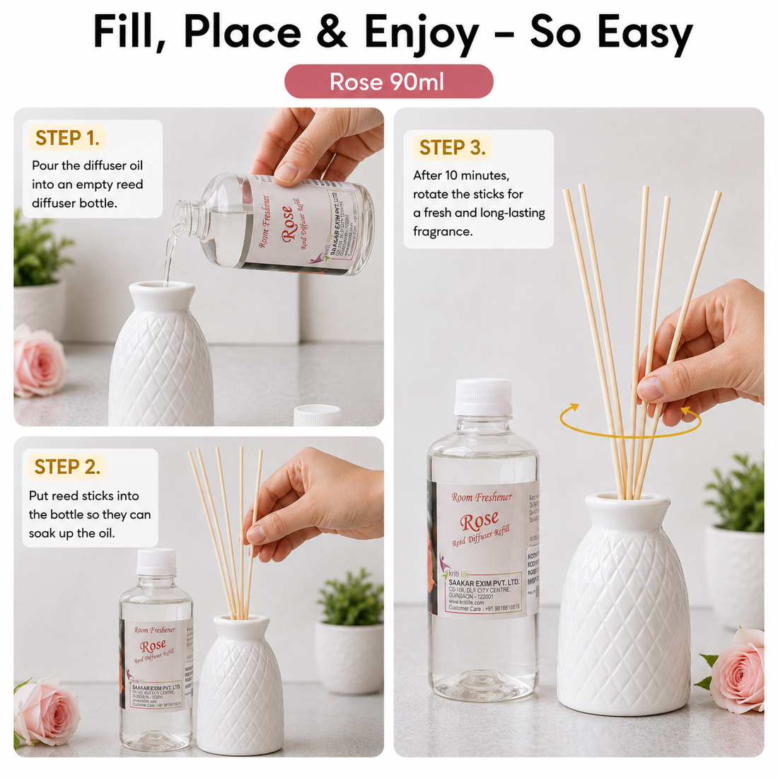 Rose 90ML Reed Diffuser oil Refill -  Long-Lasting Room Fragrance