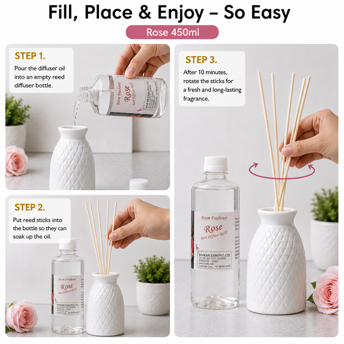 Rose 450ML Reed Diffuser oil Refill - Long-Lasting Room Fragrance