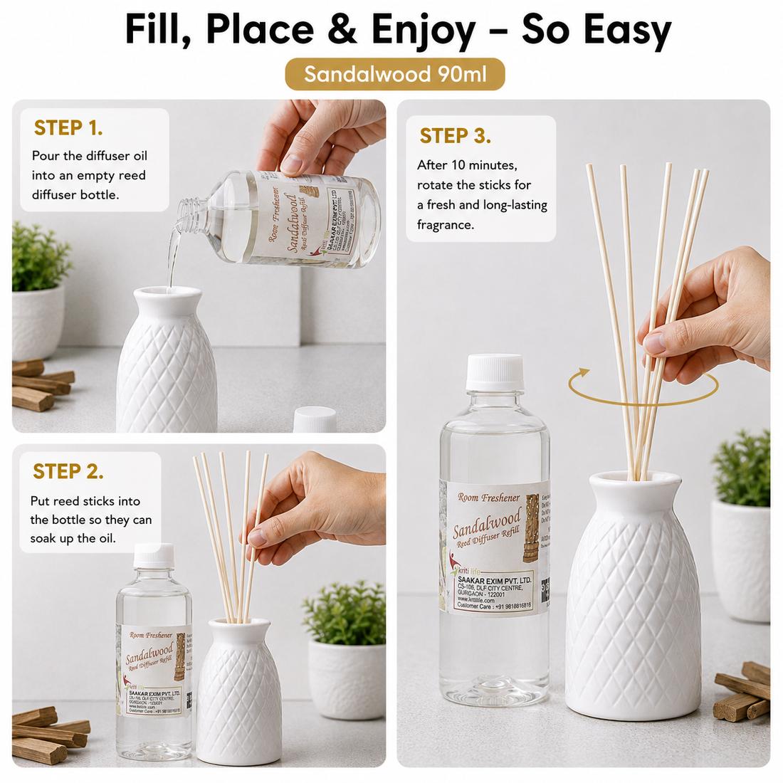 Sandalwood 90ML Reed Diffuser oil Refill -  Long-Lasting Room Fragrance