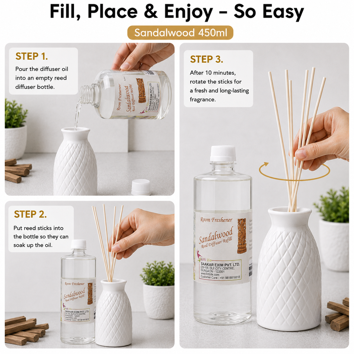 Sandalwood 450ML  Reed Diffuser oil Refill - Long-Lasting Room Fragrance