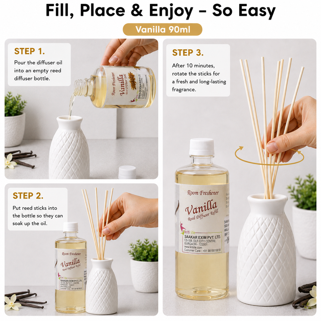 Vanilla 90ML Reed Diffuser oil Refill -  Long-Lasting Room Fragrance