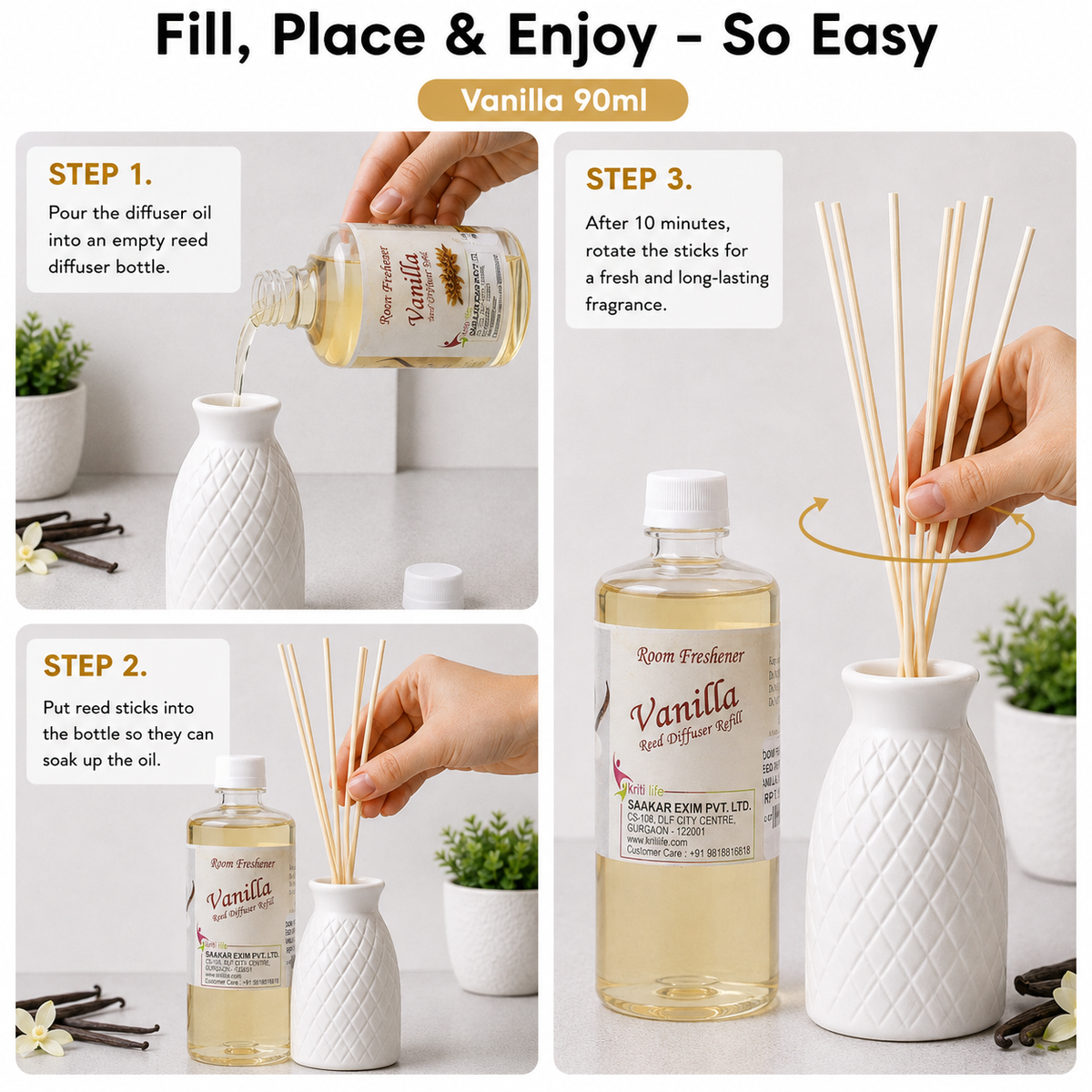 Vanilla 90ML Reed Diffuser oil Refill -  Long-Lasting Room Fragrance