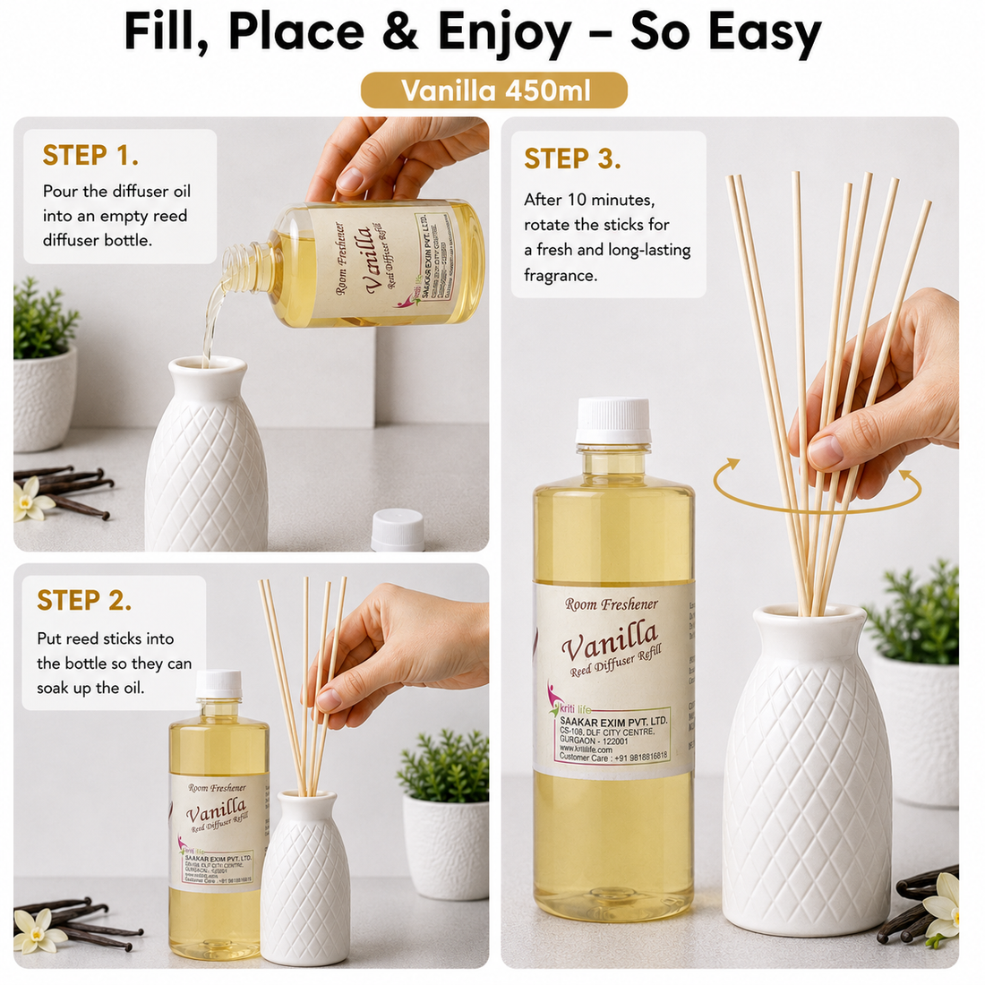 Vanilla 450ML Reed Diffuser oil Refill - Long-Lasting Room Fragrance