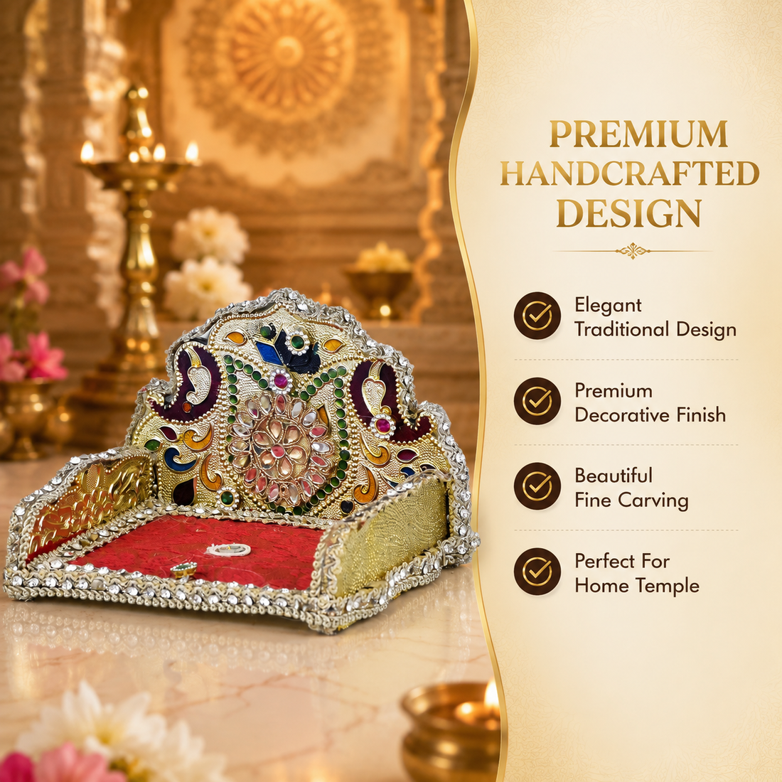 Premium Wooden Laddu Gopal Singhasan 5 Inch | Handcrafted Decorative Chowki