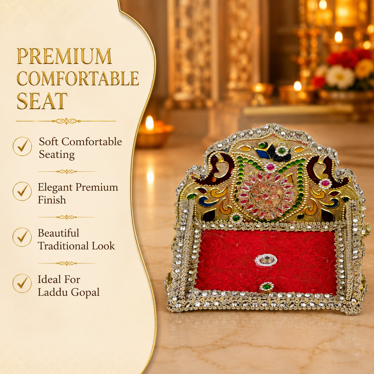 Premium Wooden Laddu Gopal Singhasan 5 Inch | Handcrafted Decorative Chowki