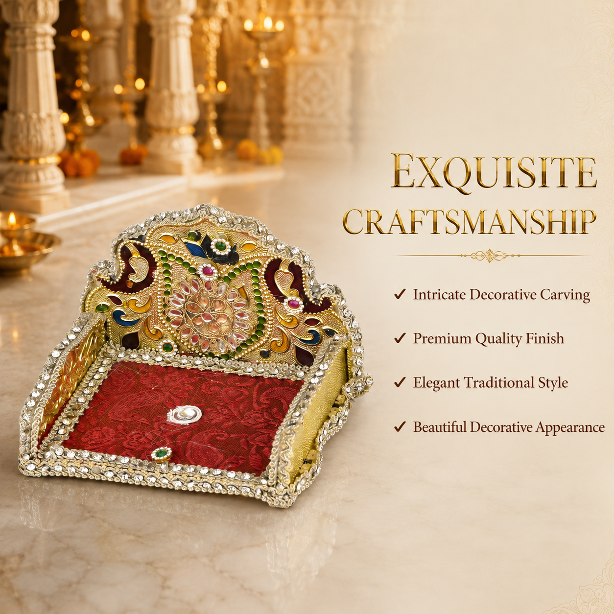Premium Wooden Laddu Gopal Singhasan 5 Inch | Handcrafted Decorative Chowki