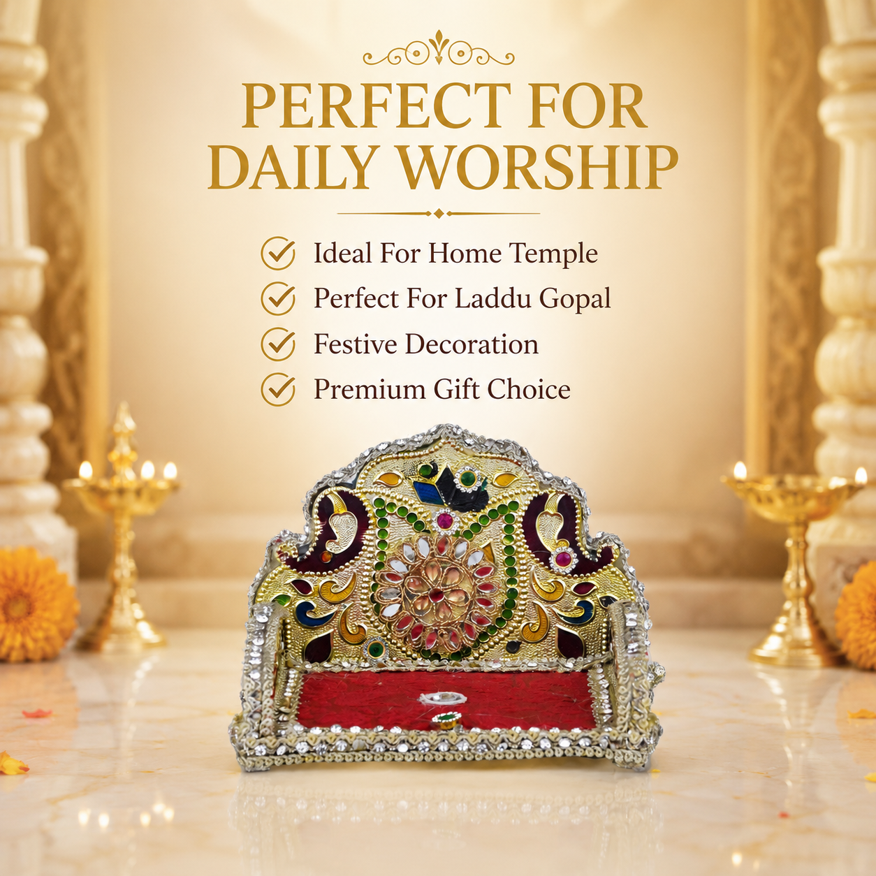 Premium Wooden Laddu Gopal Singhasan 5 Inch | Handcrafted Decorative Chowki