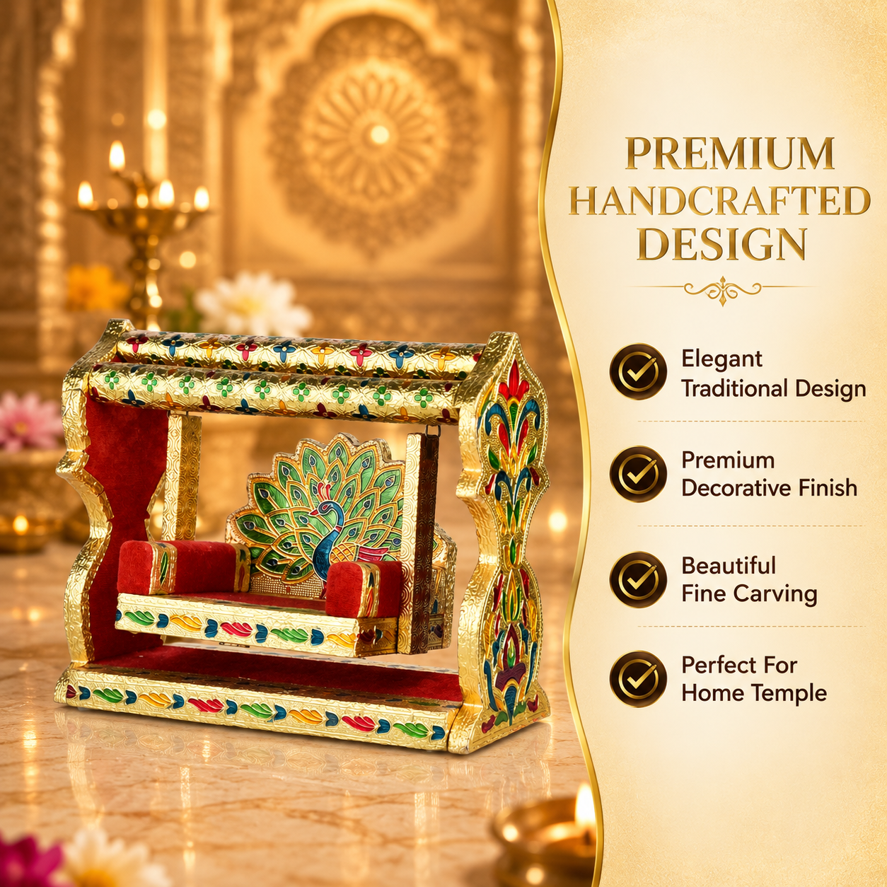 Premium Wooden Laddu Gopal Jhula 9.5 Inch | Handcrafted Peacock Design