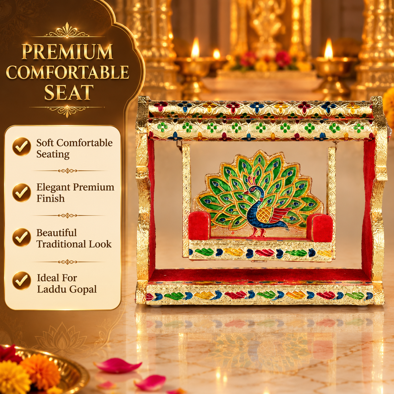 Premium Wooden Laddu Gopal Jhula 9.5 Inch | Handcrafted Peacock Design