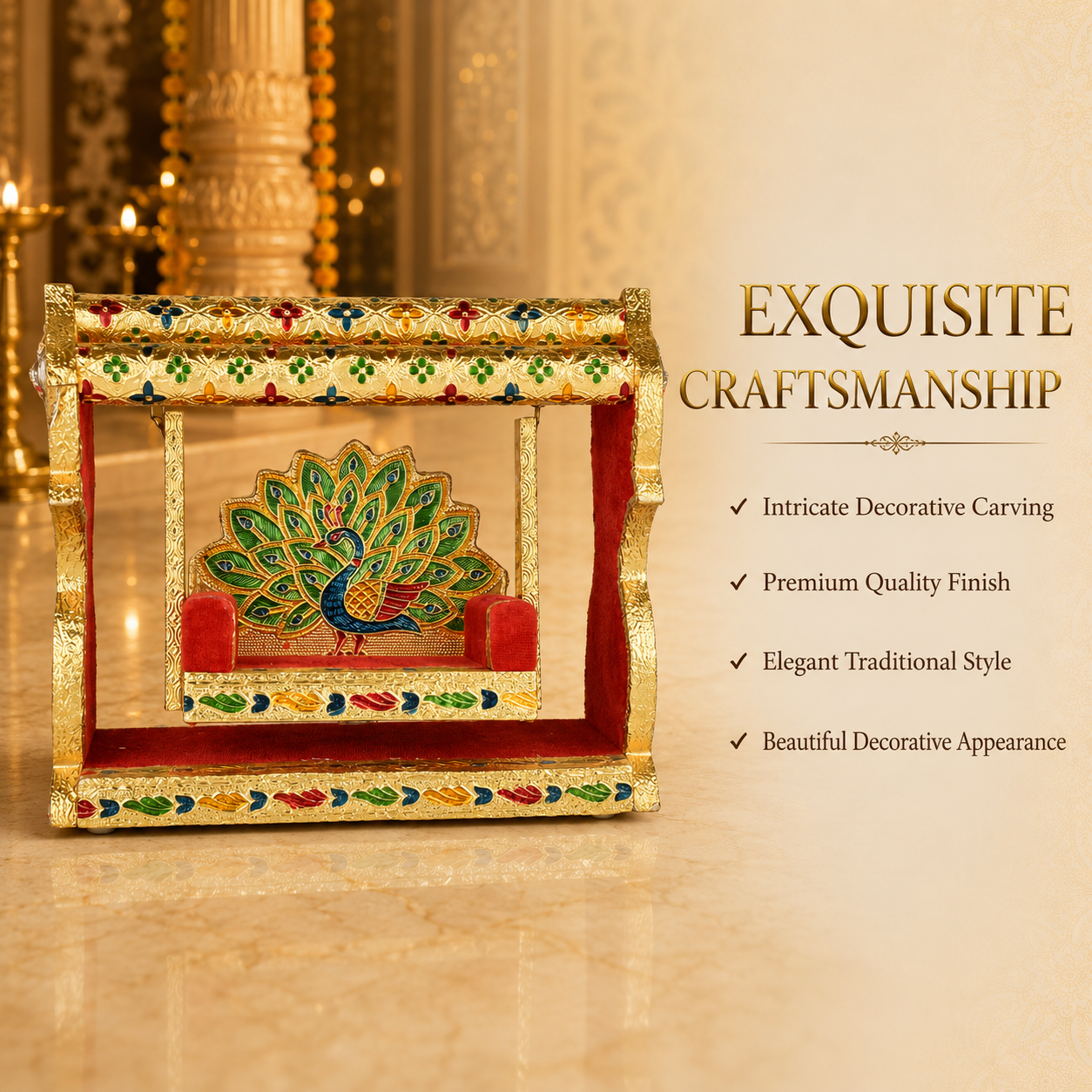 Premium Wooden Laddu Gopal Jhula 9.5 Inch | Handcrafted Peacock Design