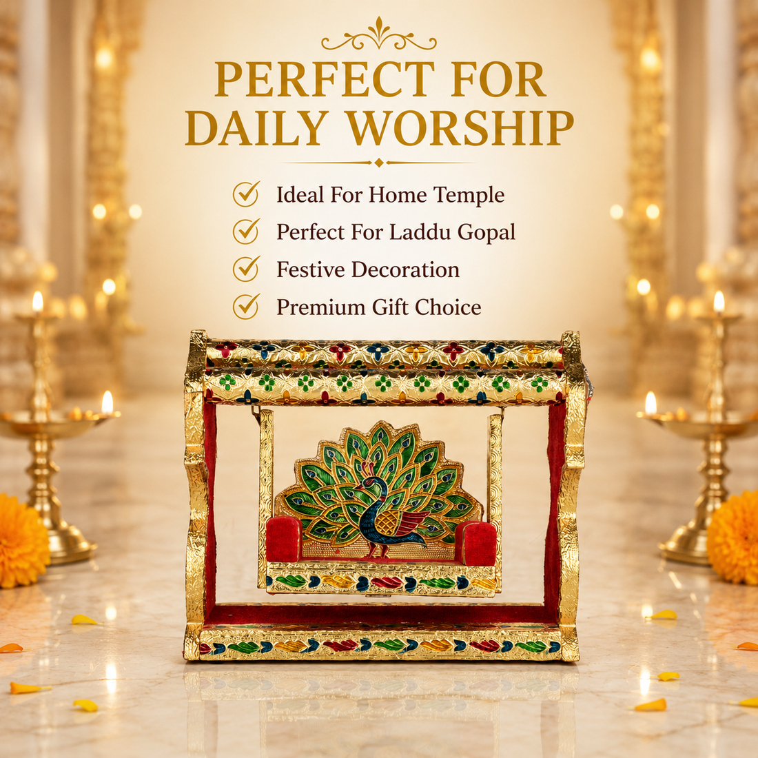 Premium Wooden Laddu Gopal Jhula 9.5 Inch | Handcrafted Peacock Design