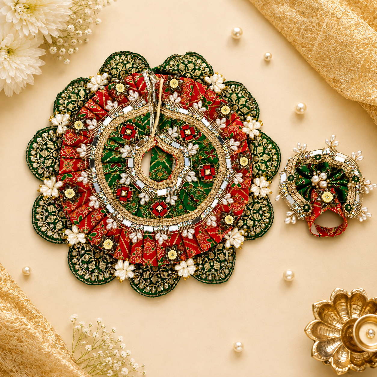 Laddu Gopal Dress with Mukut Set for 4-5 Inch Bal Gopal (Green & Red)