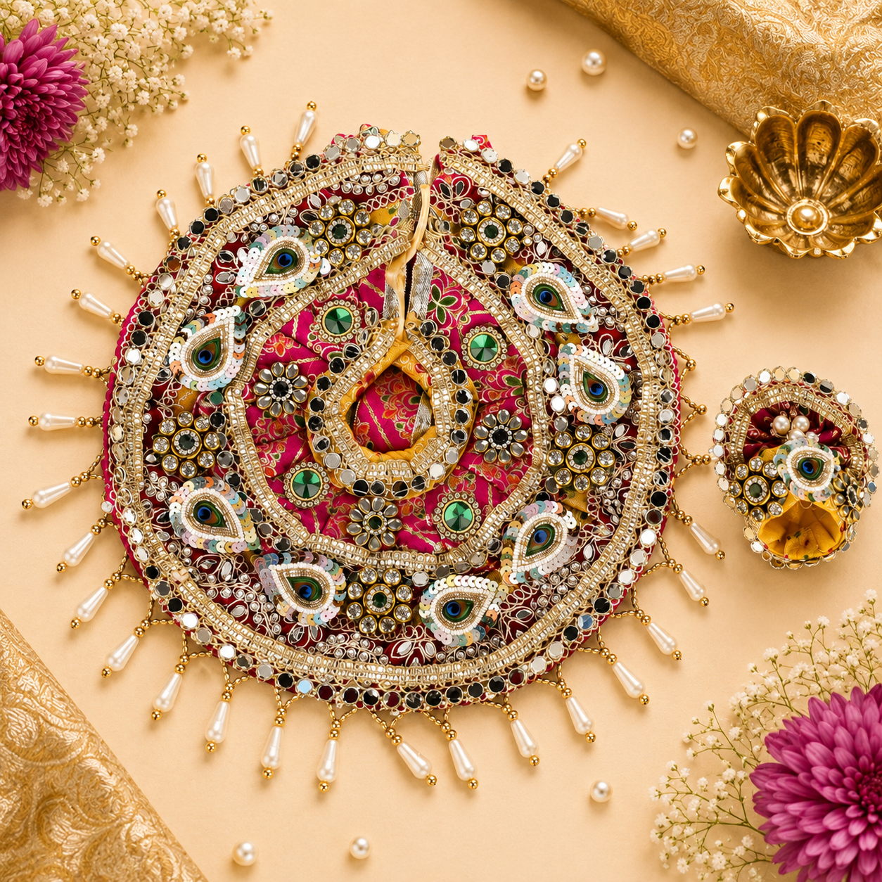 Laddu Gopal Dress with Mukut Set for 4-5 Inch Bal Gopal (Pink & Gold)