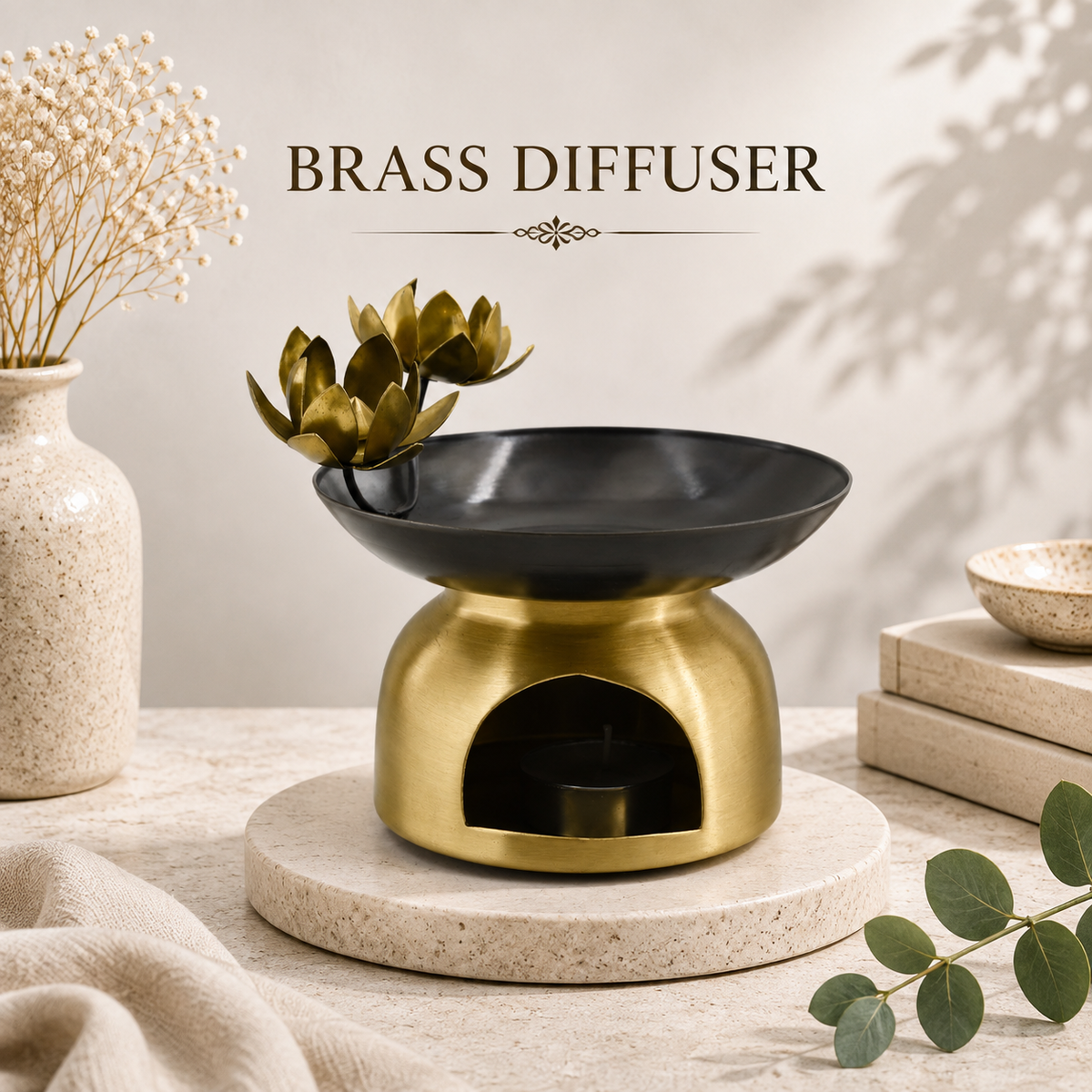 Brass Aroma Oil Diffuser Burner with Lotus Design