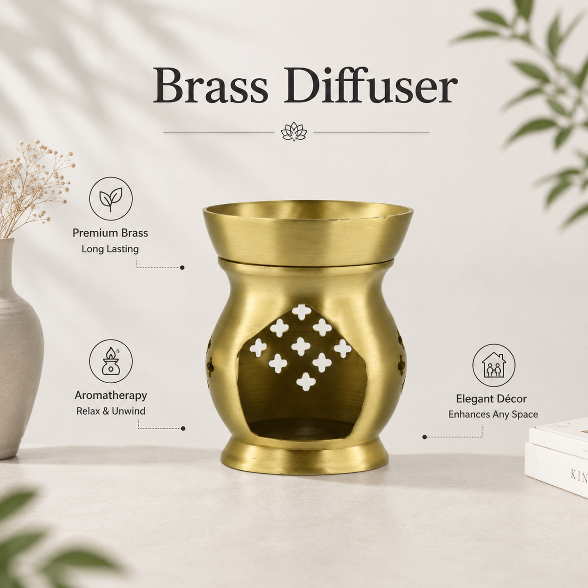 Brass Aroma Oil Burner for Essential Oils & Camphor | Tealight Diffuser for Meditation-4  inches
