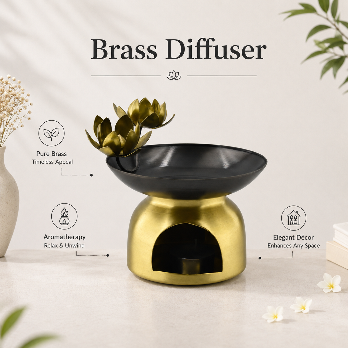 Brass Aroma Oil Diffuser Burner with Lotus Design