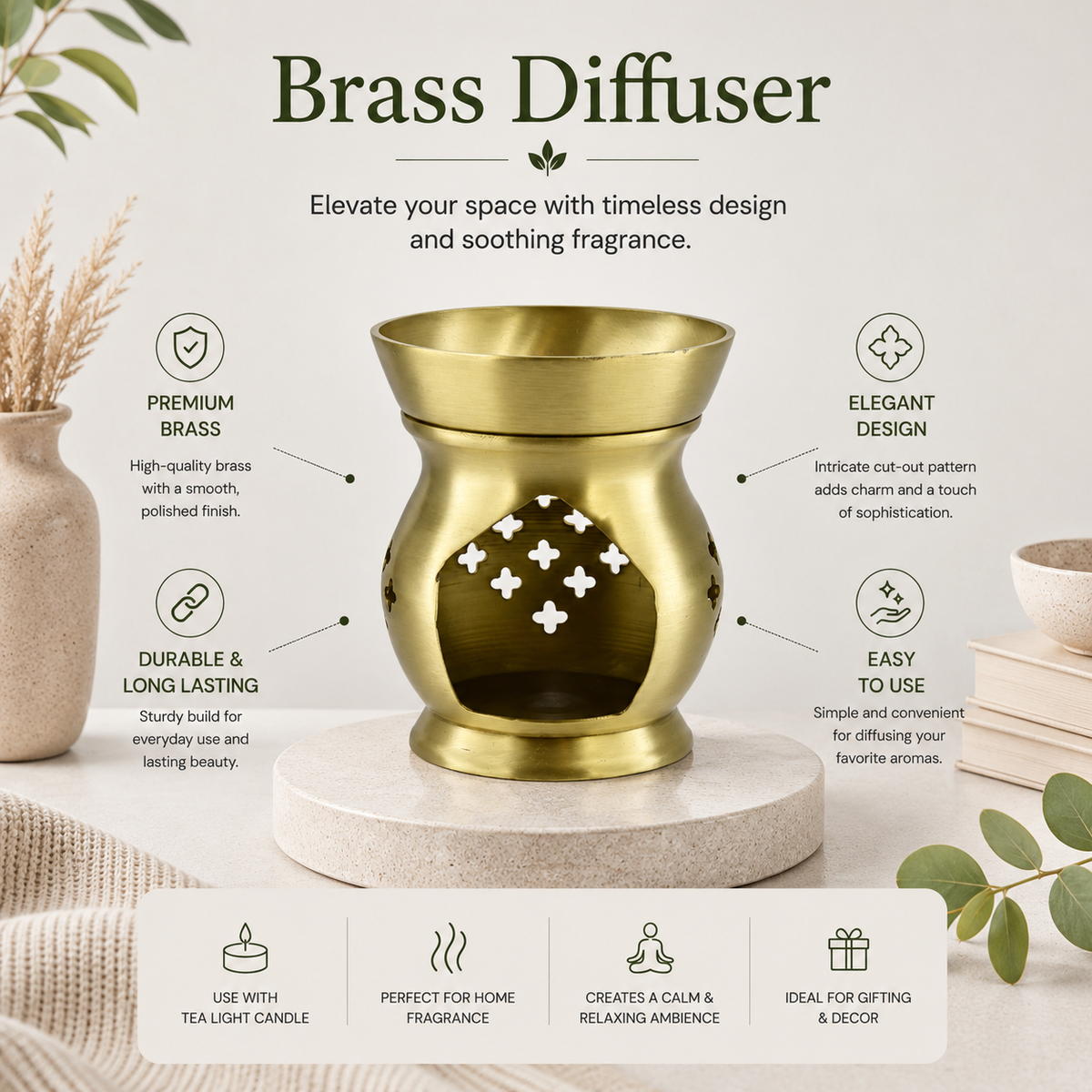 Brass Aroma Oil Burner for Essential Oils & Camphor | Tealight Diffuser for Meditation-4  inches