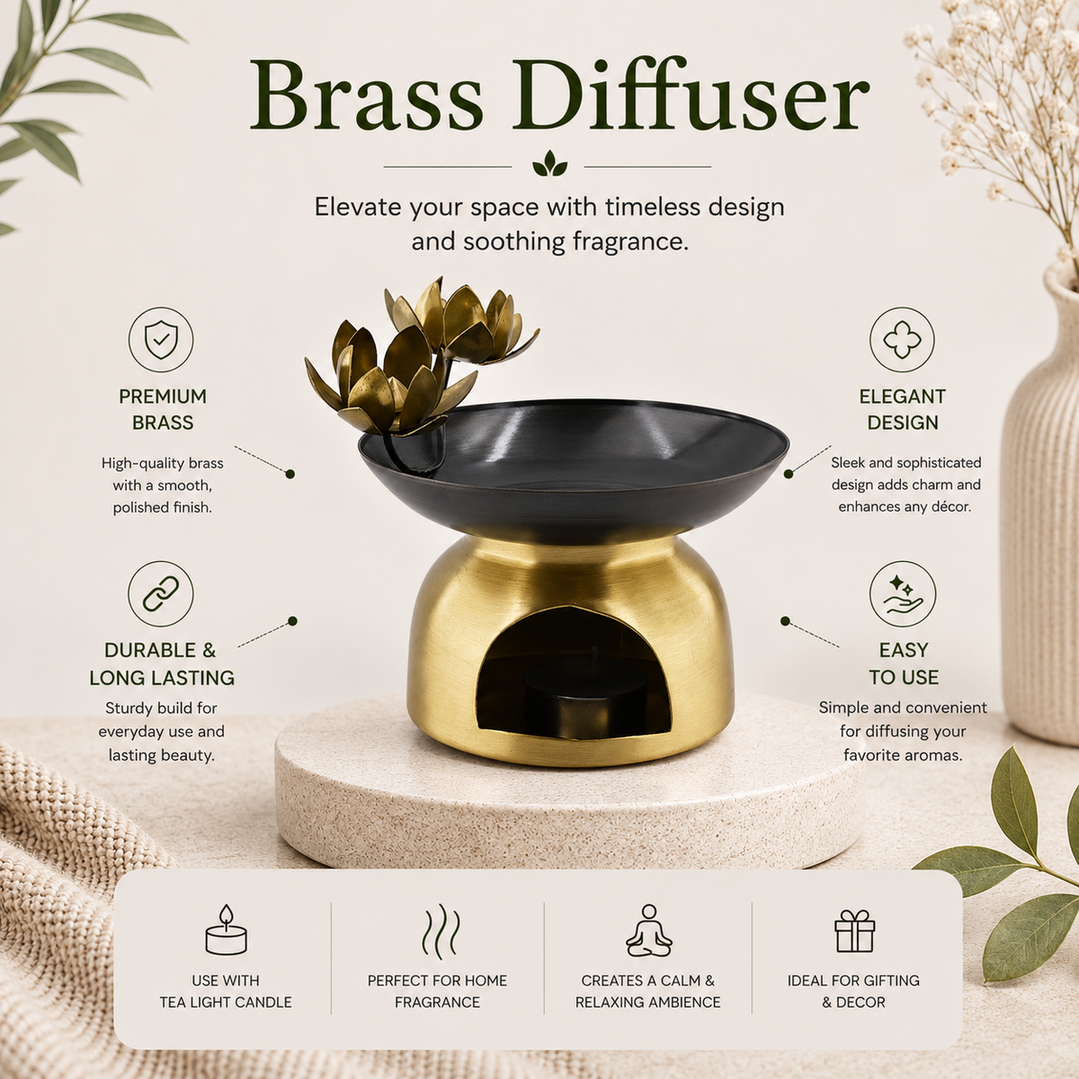 Brass Aroma Oil Diffuser Burner with Lotus Design