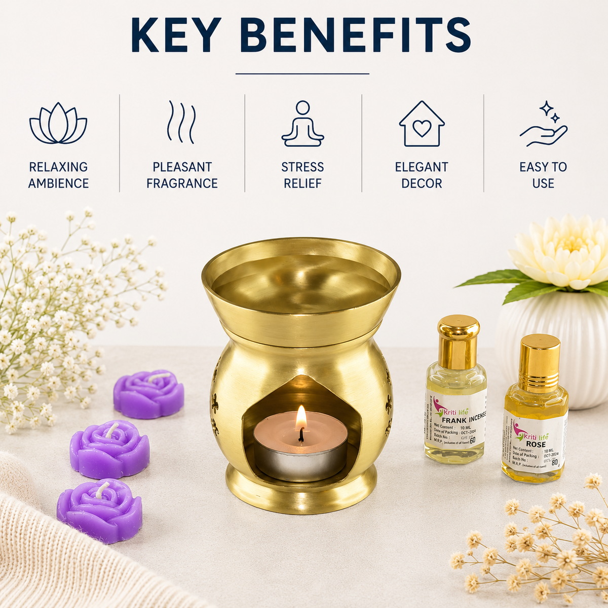 Brass Aroma Oil Burner for Essential Oils & Camphor | Tealight Diffuser for Meditation-4  inches