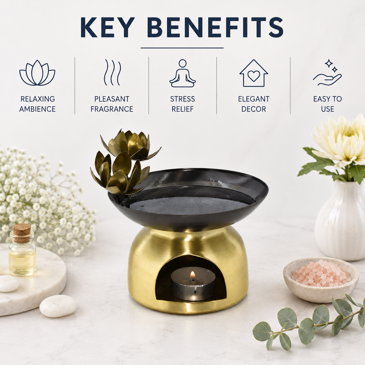 Brass Aroma Oil Diffuser Burner with Lotus Design