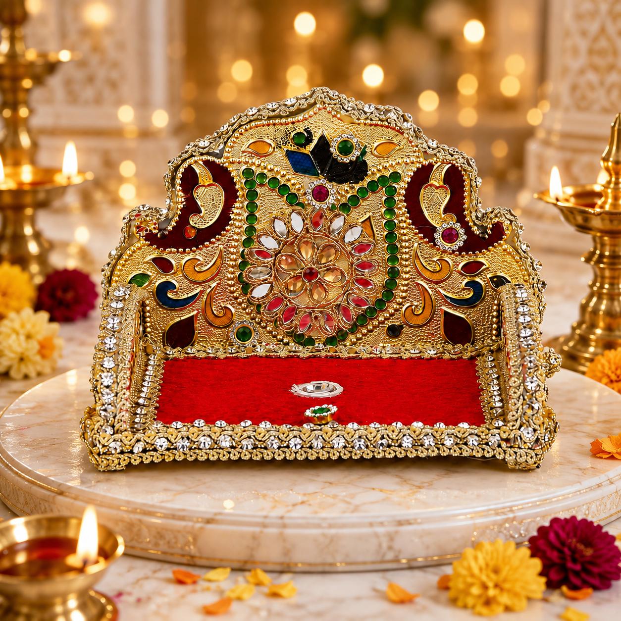 Premium Wooden Laddu Gopal Singhasan 5 Inch | Handcrafted Decorative Chowki