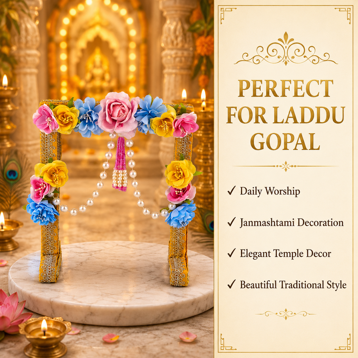 Laddu Gopal Janmashtami Backdrop | Floral Krishna Jhanki Decor