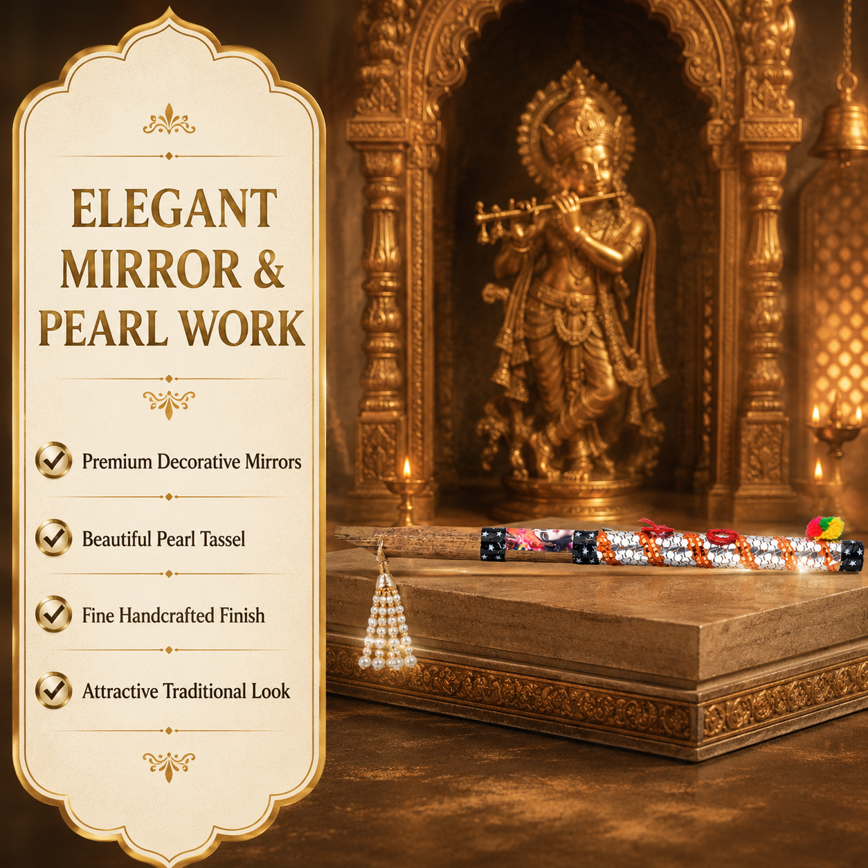 Laddu Gopal Bansi | Designer Krishna Flute with Mirror Work & Tassel
