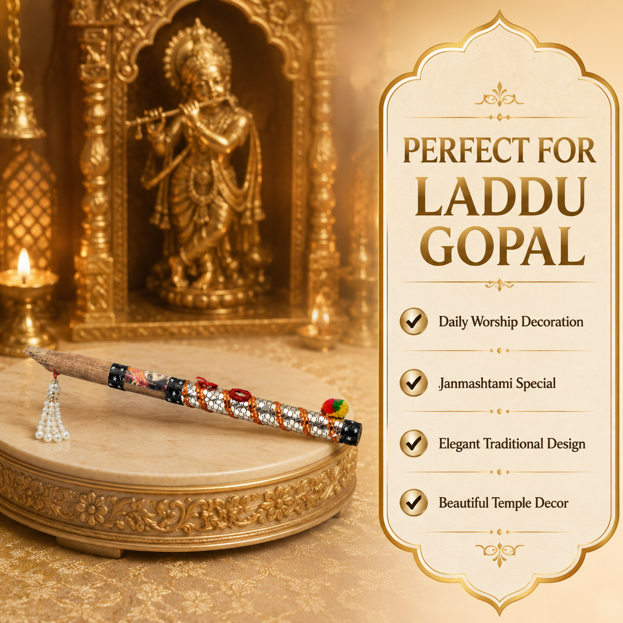 Laddu Gopal Bansi | Designer Krishna Flute with Mirror Work & Tassel
