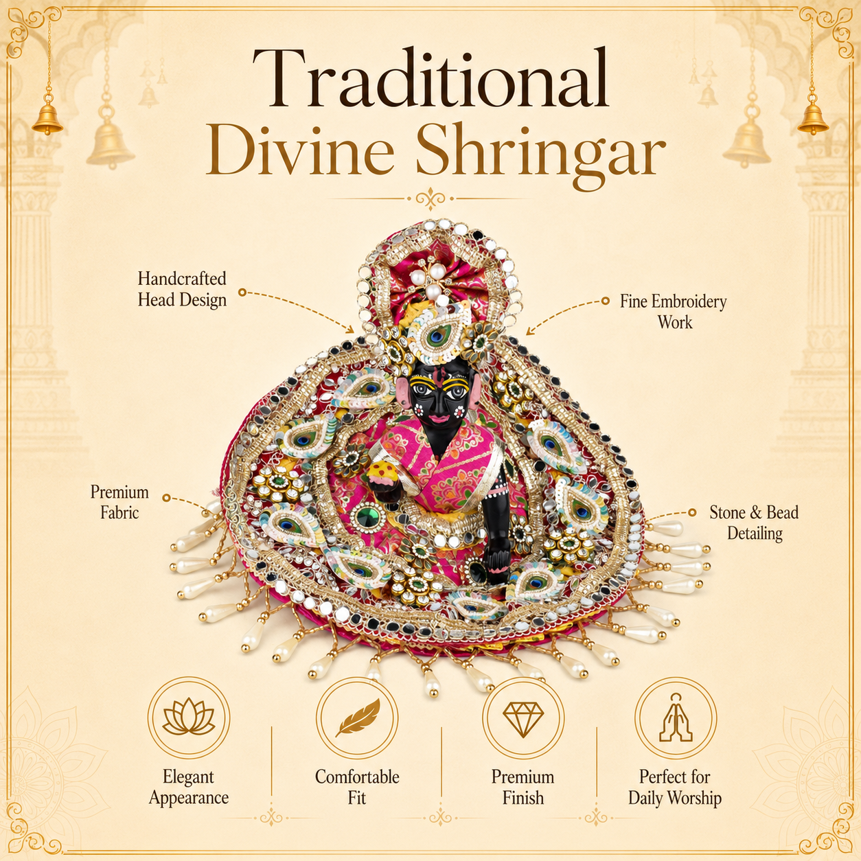 Laddu Gopal Dress with Mukut Set for 4-5 Inch Bal Gopal (Pink & Gold)