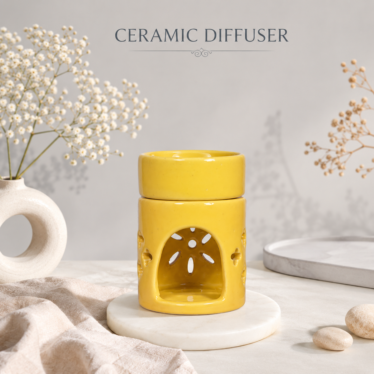 Round Top Yellow Ceramic Aroma Oil Burner | Stress Relief & Aromatherapy Diffuser for Meditation, Spa & Home- 4 inches