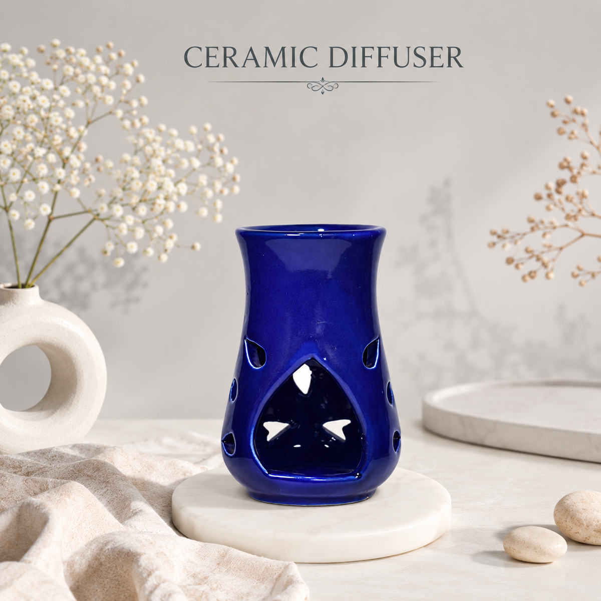 Ceramic Aroma Oil Burner for Camphor & Essential Oils | Blue Fragrance Diffuser-5 inches