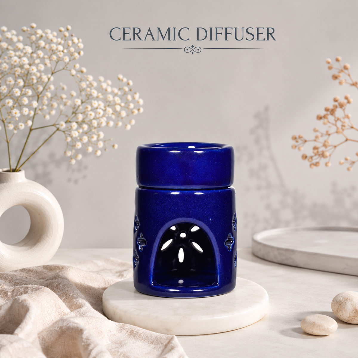 Round Ceramic Aroma Oil Burner (Dark Blue) for Essential Oils & Camphor - 4 inches