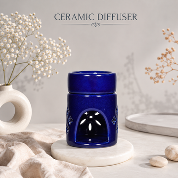 Round Ceramic Aroma Oil Burner (Dark Blue) for Essential Oils & Camphor - 4 inches