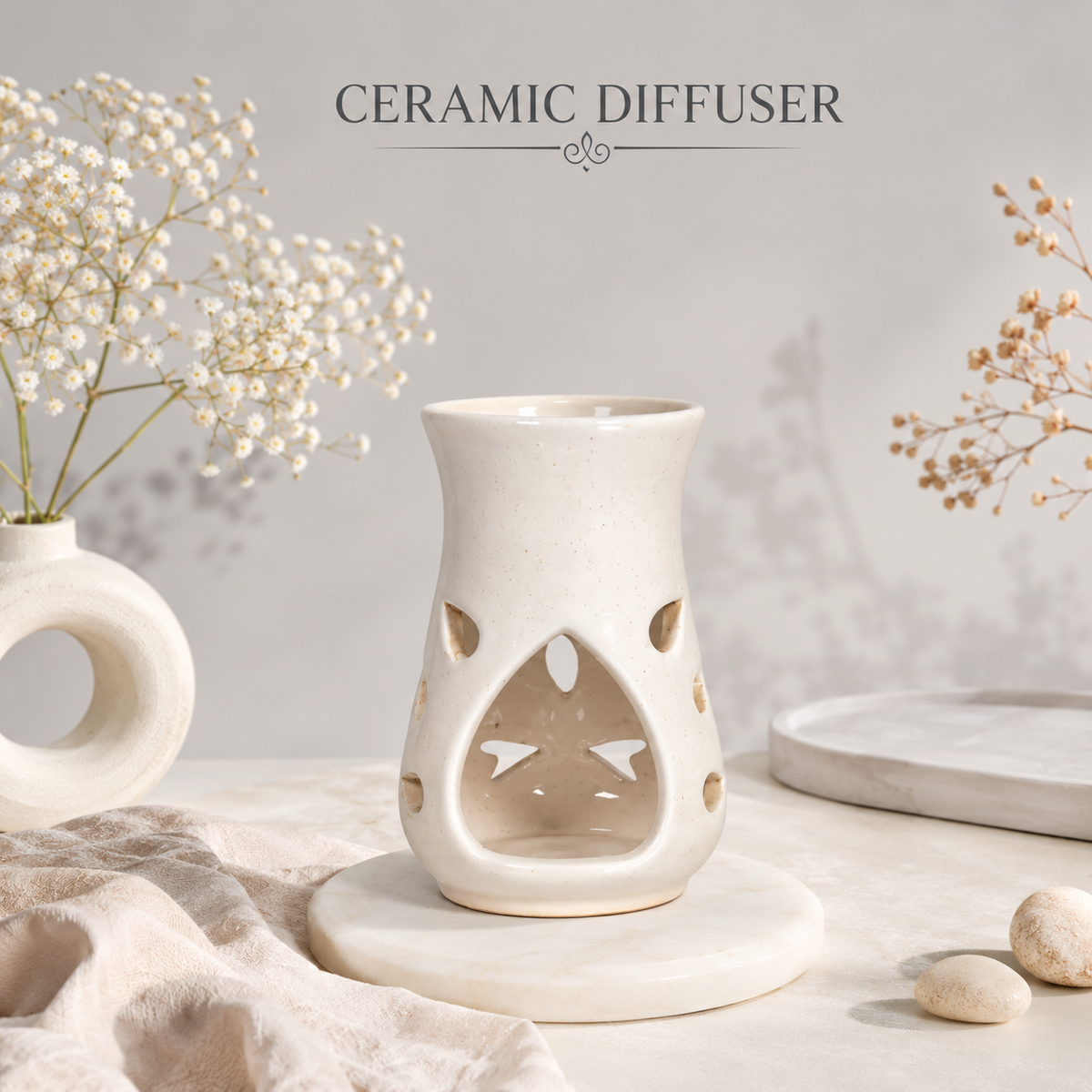 White Ceramic Aroma Oil Burner | Elegant Fragrance Diffuser with Tealight Holder- 5 inches