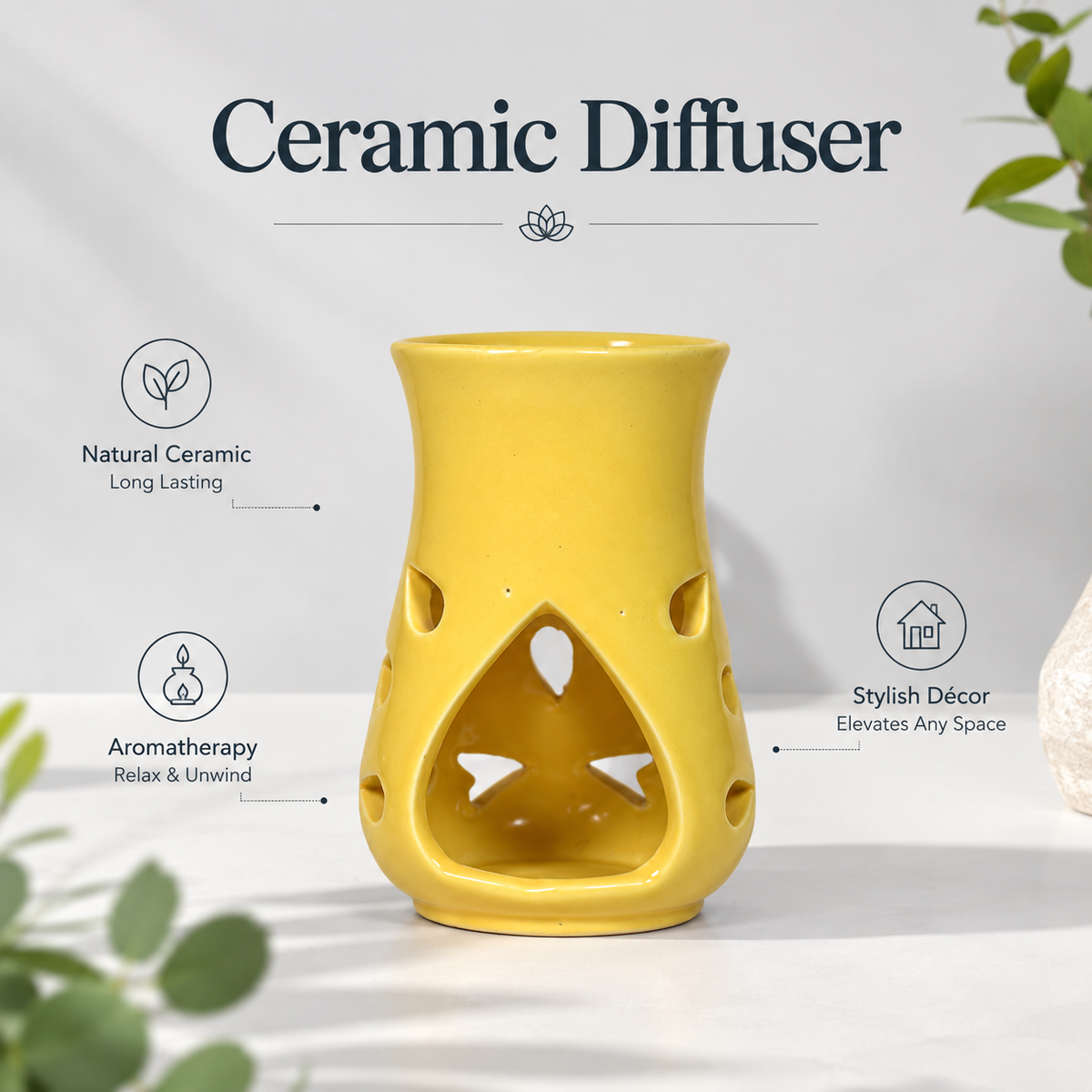 Yellow Ceramic Aroma Oil Burner with Essential Oils | Aromatherapy Diffuser for Home, Spa & Meditation-5 Inches