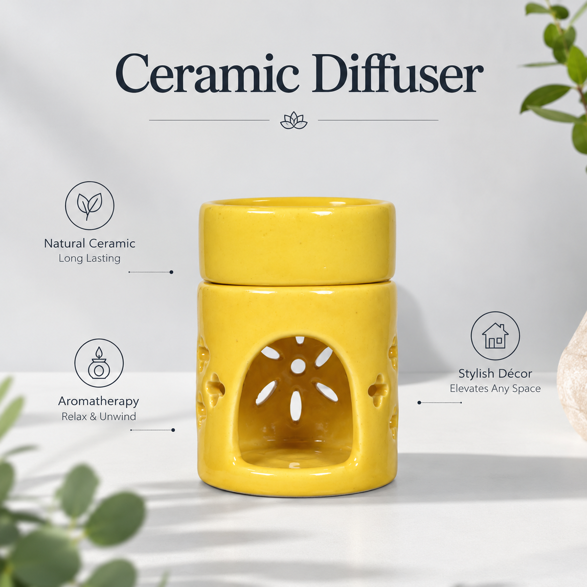 Round Top Yellow Ceramic Aroma Oil Burner | Stress Relief & Aromatherapy Diffuser for Meditation, Spa & Home- 4 inches