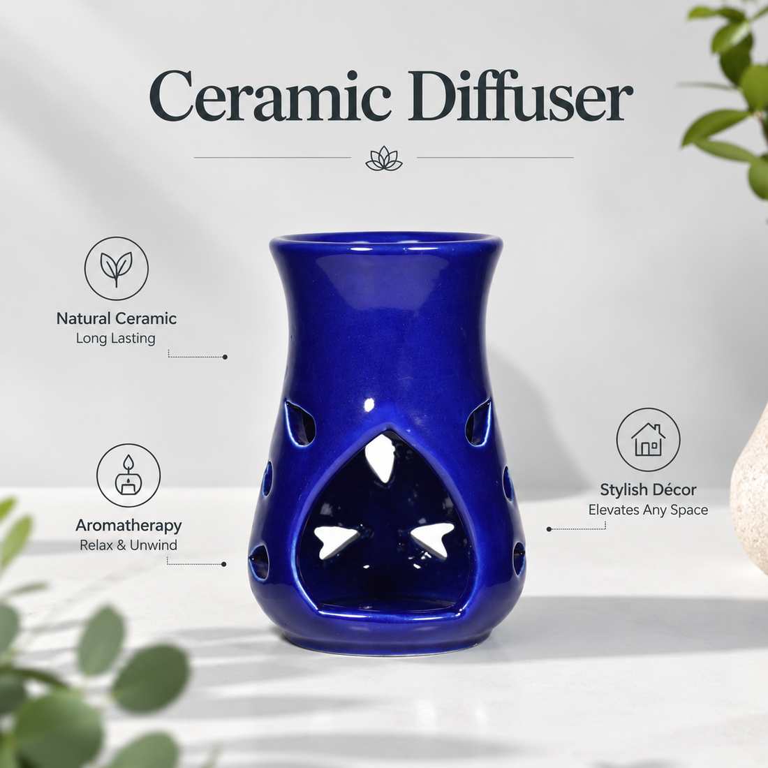 Ceramic Aroma Oil Burner for Camphor & Essential Oils | Blue Fragrance Diffuser-5 inches